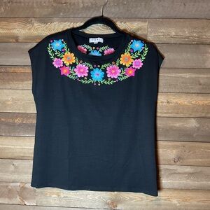 THML Black Sleeveless Top With Floral Embroidery Women’s Size XS